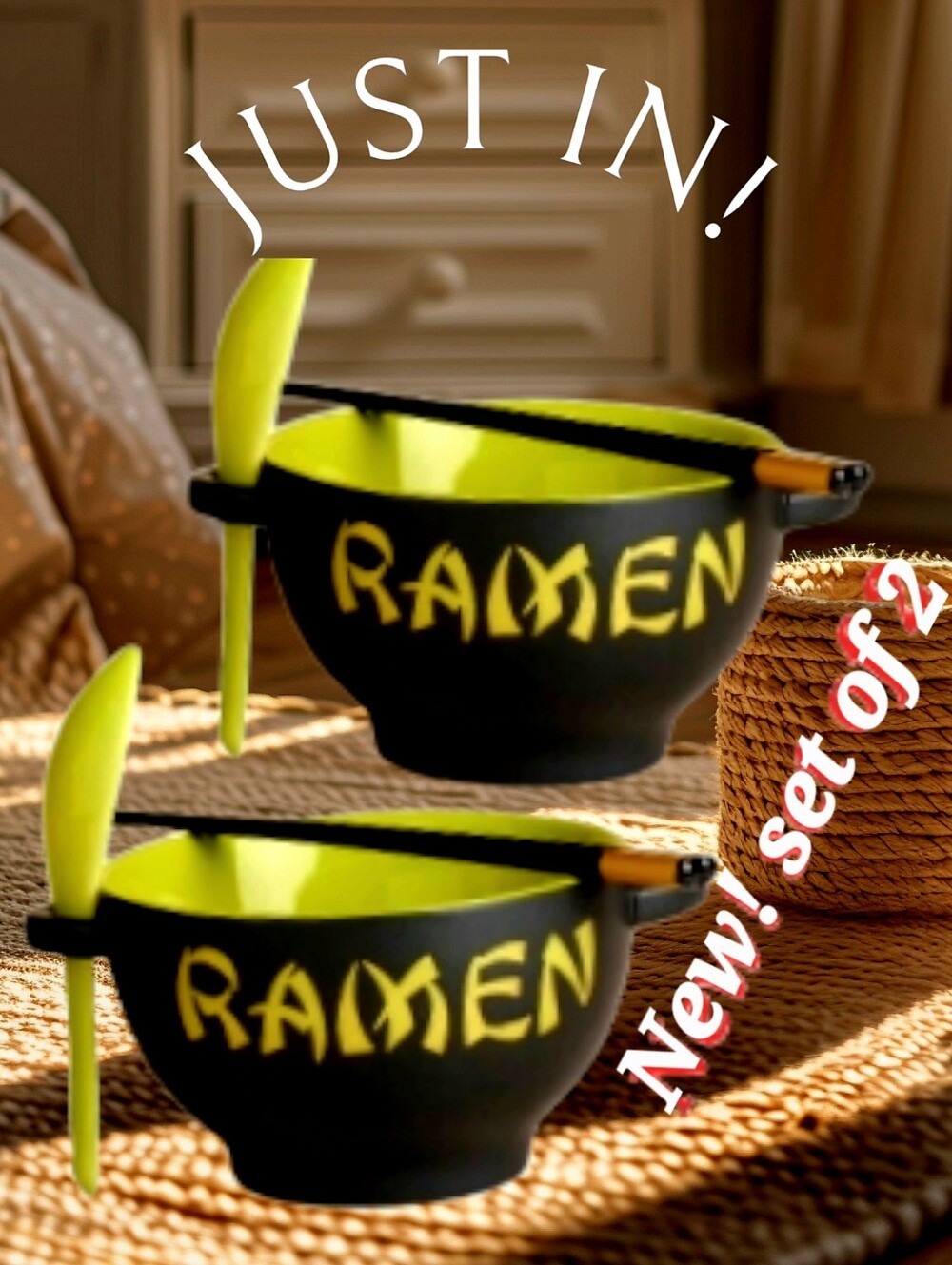 Ramen Bowl Set of 2 - Black Exterior with Lime Green Interior. New In Boxs..